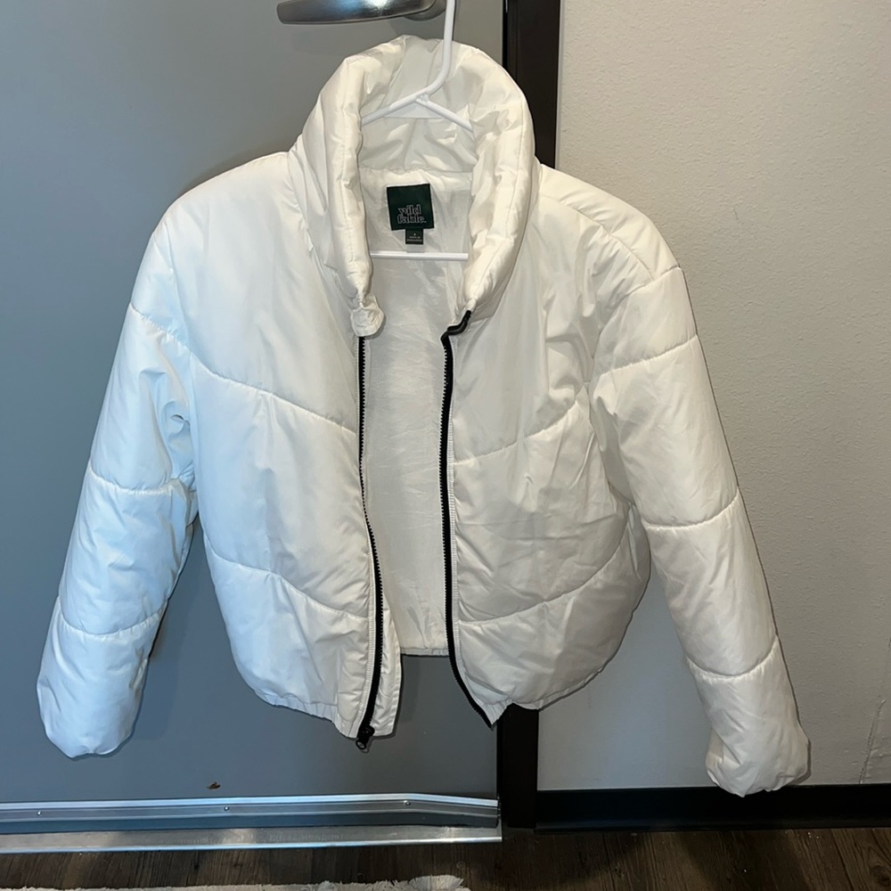 white zip puffer coat